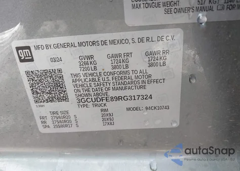 2024 Chevrolet Silverado 1500 4Wd Standard Bed Lt Trail Boss z USA, uszkodzony, nr VIN 3GCUDFE89RG317324